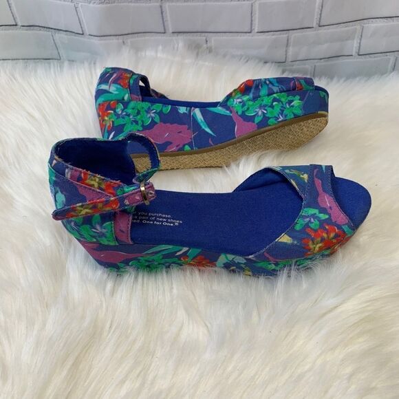 TOMS Blue  Floral Wedge Heels Open Toe Size 6 - Picture 3 of 6